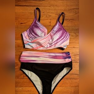 Bathing Suit Women's Size Small Black with purple, pink and white stripes